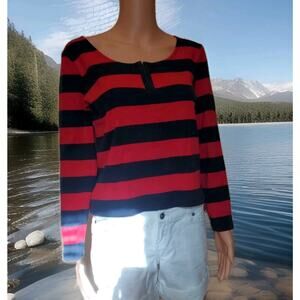 Rafaella Boatneck Red Navy Striped Med Cotton Top
